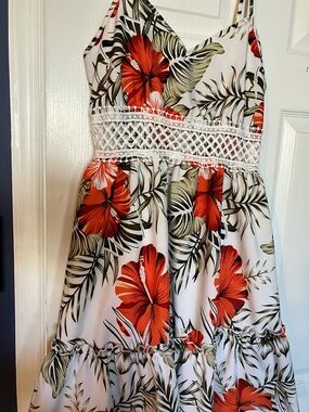 Shein Tropical Red Floral Midi Dress S NWOT